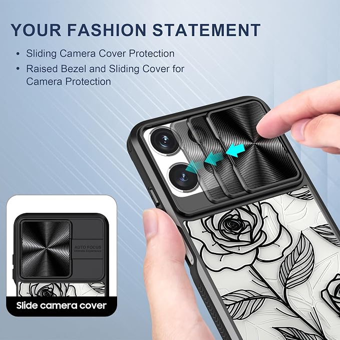 for Motorola Moto G 5G 2025 Case with Rose, Metal Slide Camera Cover, Screen Protector, Anti-Peeping Privacy Safeguard, Camera Lens Protector Phone Case for Moto G 5G 2025
