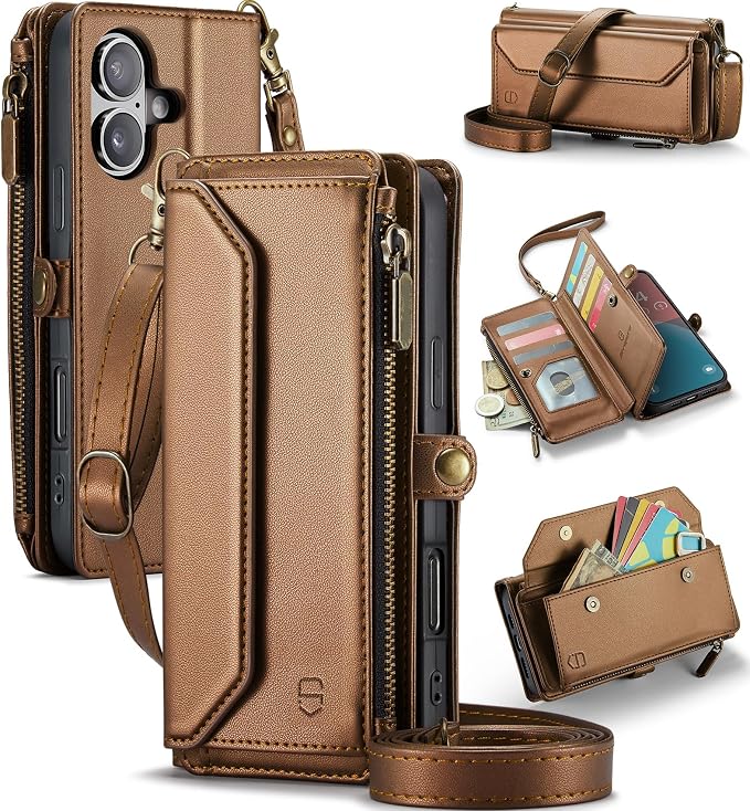 Strapurs Wallet Case Compatible with iPhone 16 Plus 6.7" RFID Blocking 10-Card Holder Soft PU Leather Magnetic Snap Shoulder Strap Zipper Pocket Phone Case Fit for iPhone 16 Plus - Brown
