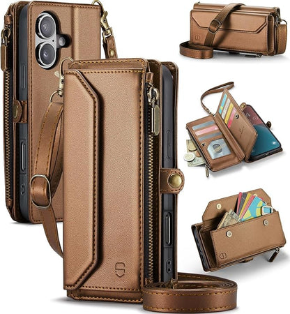 Strapurs Wallet Case Compatible with iPhone 16 Plus 6.7" RFID Blocking 10-Card Holder Soft PU Leather Magnetic Snap Shoulder Strap Zipper Pocket Phone Case Fit for iPhone 16 Plus - Brown