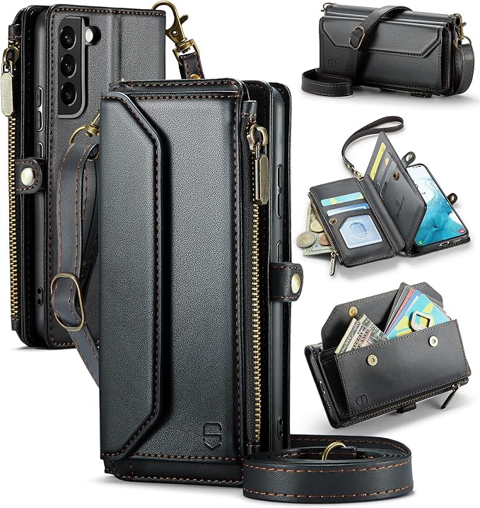 Strapurs Crossbody Wallet Case Compatible with Samsung Galaxy S22 5G RFID Blocking Card Holder Soft PU Leather Magnetic Snap Shoulder Strap Zipper Pocket Phone Case Fit for Galaxy S22 6.1" - Black