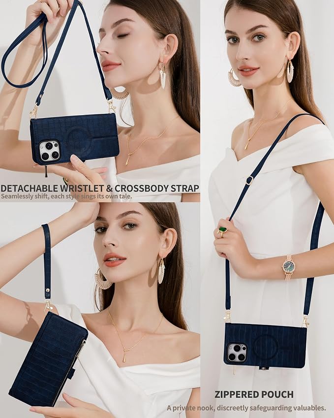 Crossbody Wallet Case for iPhone 16 Pro Max with Mirror, Wrist Strap, Zipper Purse Magnetic Flip RFID Blocking Card Holder, Wireless Charging, PU Leather Shockproof 6.9" Women (Navy Blue)