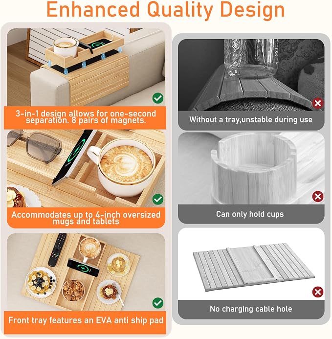 Bamboo Foldable Sofa Armrest Tray with Magnetic Detachable Cup Holder & Anti-Slip Pad | Versatile Couch Arm Table for Drinks, Snacks, Phone, Remote Control Organizer