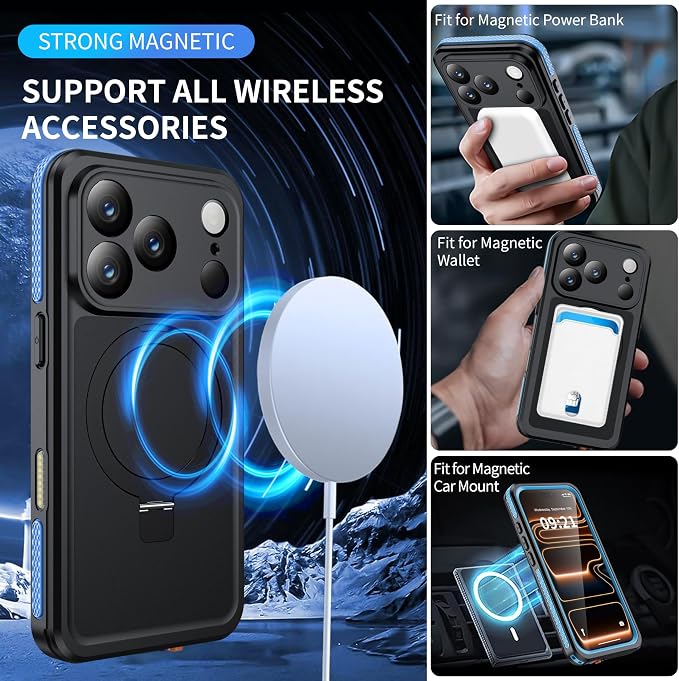 ANTSHARE Magnetic for iPhone 17 Pro Case Waterproof, Built in Screen Protector [Compatible with MagSafe] [Invisible Stand] [IP68 Underwater], Full Body Protection Phone Case 6.3'', Blue