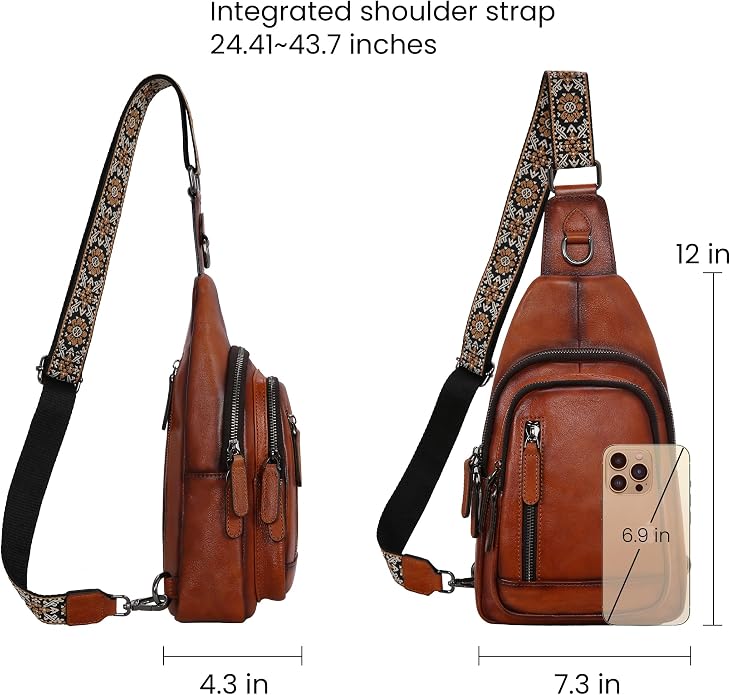 HESHE Leather Sling Bag for Women Crossbody Bags with Multi-Pocket Stylish Fanny Packs for Travel Chest Bag