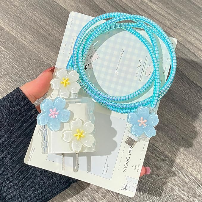 5 in 1 Soft TPU Charger Cover Set for Apple 18W/20W Adapter, Laser-Patterned Cable Sleeve for iPhone 11–15 Pro Max & MacBook Neo 13, Charger Protector Accessory, Blue Flower