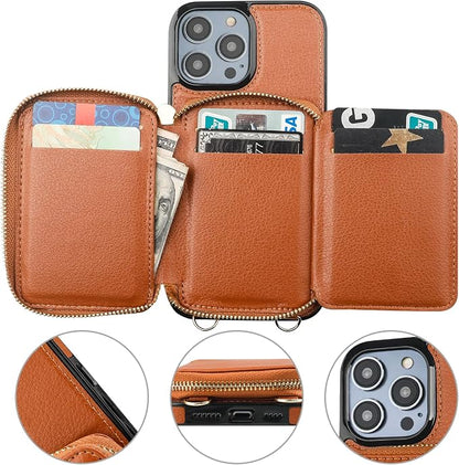 Bocasal RFID Blocking Wallet Case for iPhone 14 Pro Max, Adjustable Crossbody Zipper Purse Case Card Holder with Kickstand Detachable Wrist Strap, PU Leather Flip Folio Case 6.7 Inch 5G (Brown)