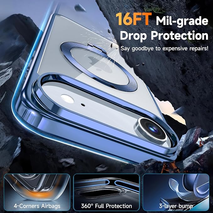[Tri-Shield Protection] for iPhone Air Case with 360° Spin Stand Compatible with MagSafe [Magnetic CD Ring] [Screen & Camera Lens Protector] Shockproof Plating Never-Yellowing, Blue-6.5"