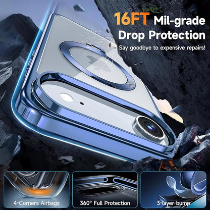 [Tri-Shield Protection] for iPhone Air Case with 360° Spin Stand Compatible with MagSafe [Magnetic CD Ring] [Screen & Camera Lens Protector] Shockproof Plating Never-Yellowing, Blue-6.5"