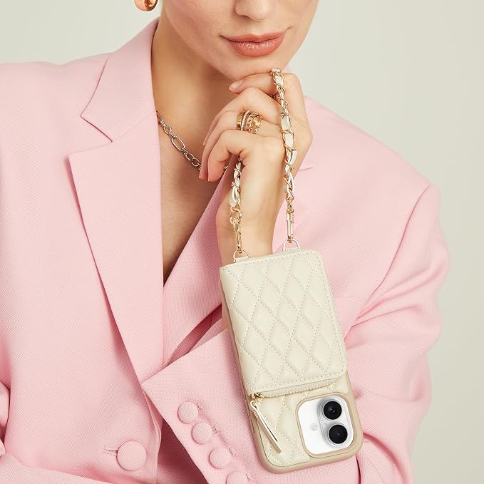 LAMEEKU for iPhone 17 Case Wallet with Card Holder, Wrist Strap Crossbody Phone Cover for Women 6.3" Beige