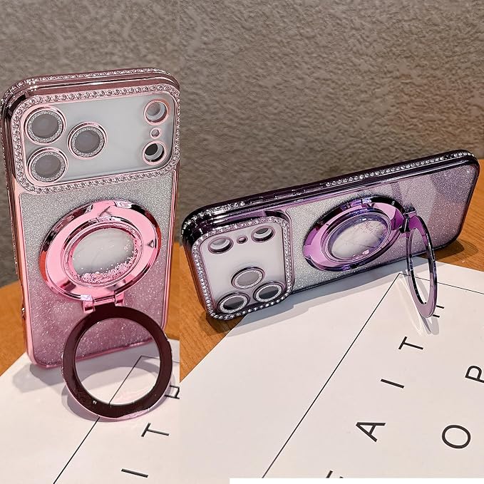 Glitter Kickstand Case for iPhone 17 Pro Max,Cute Bling Sparkly Diamond Rhinestones with Camera Lens Protector Liquid Flowing Ring Stand TPU Bumper Women Girls Case for iPhone 17 Pro Max,Blue
