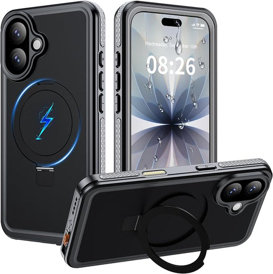 ANTSHARE Magnetic for iPhone 17 Case Waterproof, Built in Screen Protector [Compatible with MagSafe] [Invisible Stand] [IP68 Underwater], Full Body Protection Phone Case 6.3'', Black