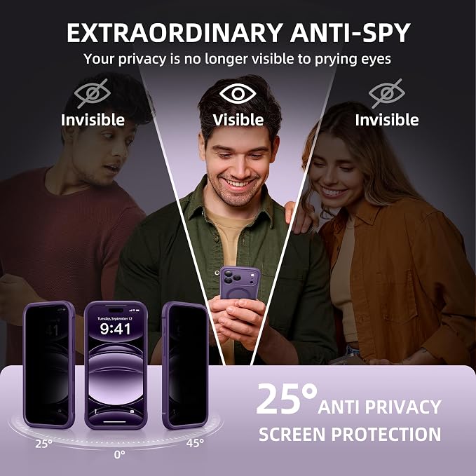 BERFY for iPhone 17 Pro Max Case, Compatible with MagSafe, Built-in Privacy Screen Protector, Camera Protection, Shockproof Full Body Phone Case 6.9", Translucent Deep Purple