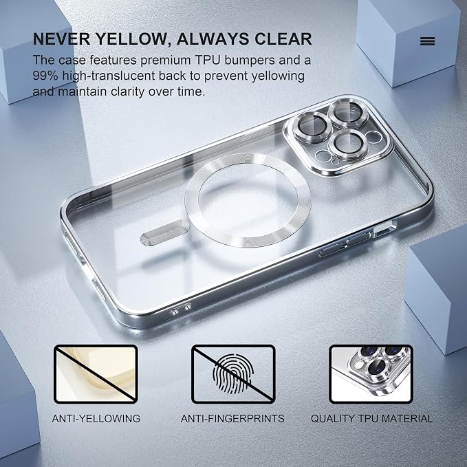 Misea Magnetic for iPhone 14 Pro Max Case Compatible with MagSafe [Never Yellowing] [Military Grade Drop Protection] Full Camera Lens Protector Plating Soft Clear Phone Case for Women Girls, Silver