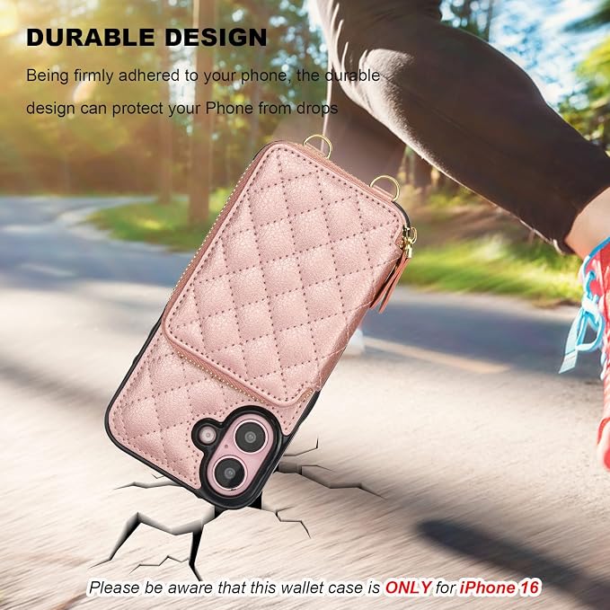 Bocasal Crossbody Wallet Case for iPhone 16, RFID Blocking PU Leather Zipper Handbag Purse Flip Cover, Kickstand Folio Case with Card Slots Holder Wrist Strap Lanyard 5G 6.1 Inch (Rose Gold)
