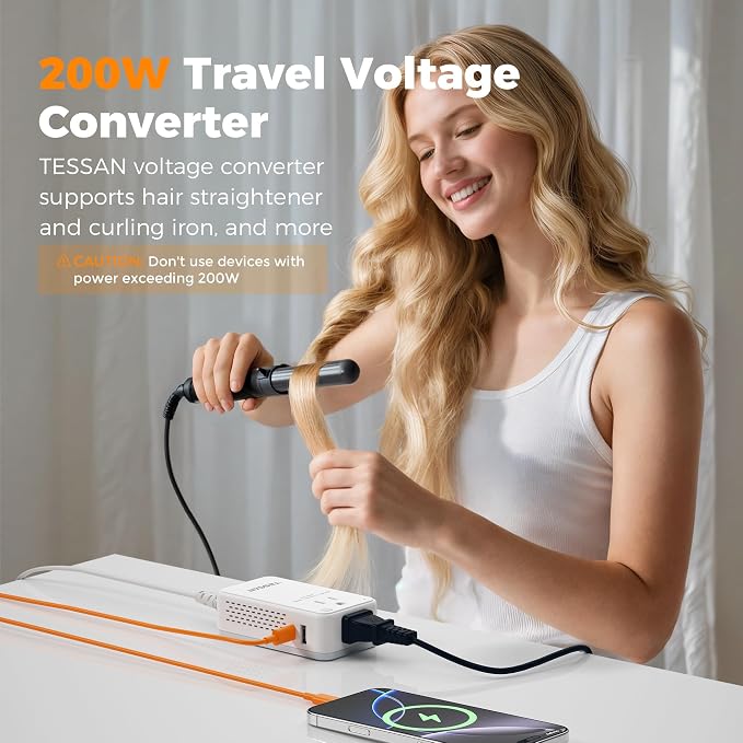 TESSAN Compact 220V to 110V Voltage Converter US to Europe | Universal Travel Adapter, 2 AC Outlets and 2 USB (1 USB-C), 200W Small Power Converter, EU/UK/AU/IT/India Plugs, For Travel