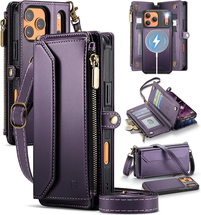 Strapurs for iPhone 17 Pro Max Detachable Wallet Case Compatible with Magsafe, RFID Blocking 9-Card Holder Zipper Strap Lanyard PU Leather Magnetic Phone Case for iPhone 17 Pro Max 6.9", Purple