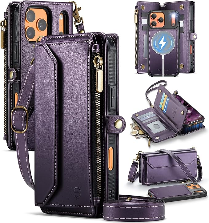 Strapurs for iPhone 17 Pro Detachable Wallet Case Compatible with Magsafe, RFID Blocking 9-Card Holder Zipper Wrist Strap Lanyard PU Leather Magnetic Phone Case for iPhone 17 Pro 6.3", Purple