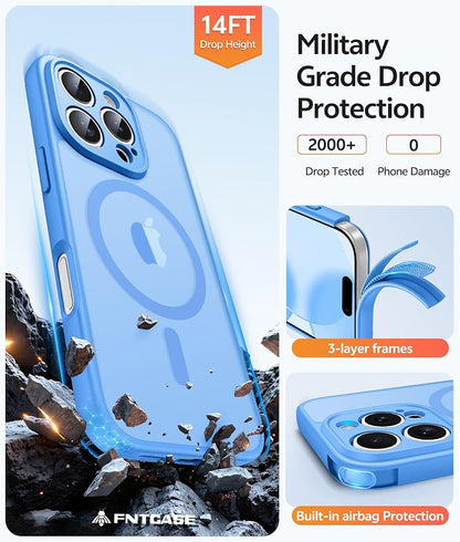 FNTCASE for iPhone 16 Pro Max Case, Fit for Magsafe, Glass Screen Protector | Full Camera Protection, Translucent Matte, 14FT Military Grade Drop Proof, Shockproof Protective Phone Cover, Ice Blue