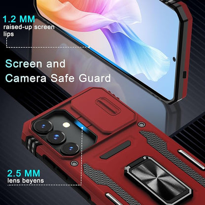 DEERLAMN Case for Samsung Galaxy S25 FE 6.7-Inch with Slide Camera Cover+Screen Protector(1 Pack), Rotated Ring Kickstand Military Grade Shockproof Protective Cover-Red