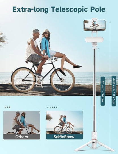 Stable Selfie Stick Tripod with Fill Light, 44 Inch Extendable Selfie Stick with Wireless Remote and Tripod Stand 360 Rotation for iPhone 15/14/13/12/11 Pro/XS Max/XR/X, Samsung and Smartphone (White)