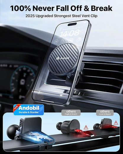 【True Military-Grade】andobil 3 in1 Magnetic Phone Holder for Car Dashboard Windshield Vent 【Upgrade Suction & Strongest Magnet】Retractable for MagSafe Car Mount for iPhone 17 16 15 14 Pro Max Sumsung