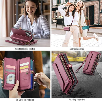 Strapurs Wallet Case Compatible with iPhone 16 Pro 6.3" RFID Blocking 10-Card Holder Soft PU Leather Magnetic Snap Shoulder Strap Zipper Pocket Phone Case Fit for iPhone 16 Pro for Women - Wine Red