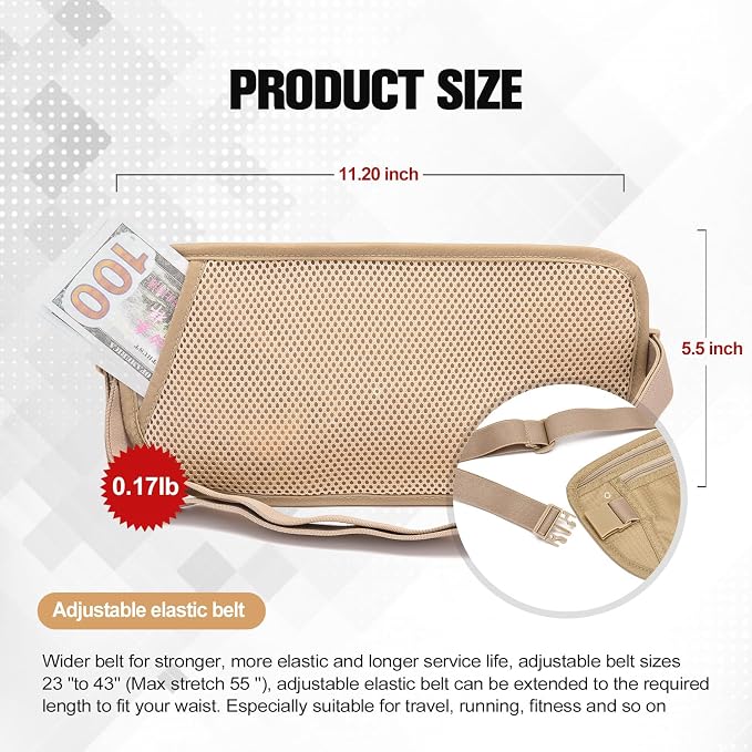 Unisex Money Belt For Men and Women, Slim Passport Holder RFID Blocking Travel Essentials Pouch with Adjustable Strap Small Waist Pouch for Workout Running Travelling Hiking (Beige 2 Packs)