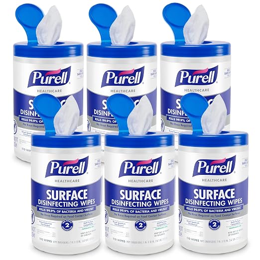PURELL Healthcare Surface Disinfecting Wipes, 110 Count Canister, 7”x 10” Wipes (Pack of 6) – 9340-06