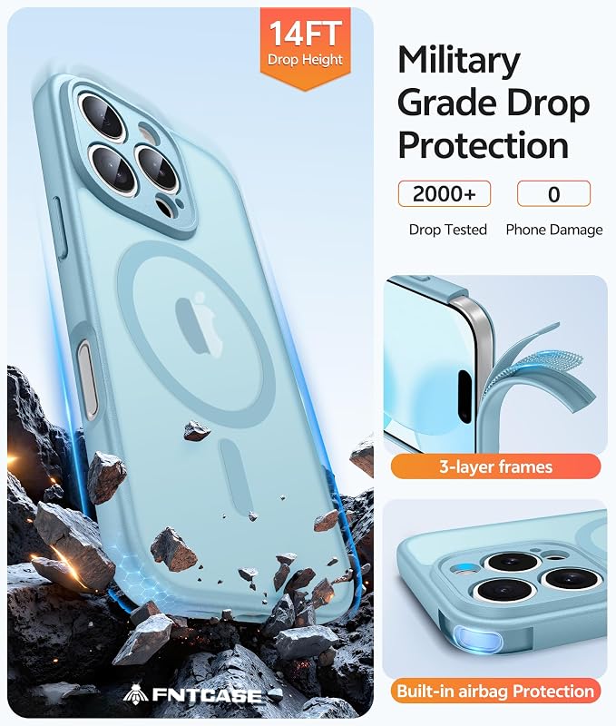 FNTCASE for iPhone 16 Pro Max Case, Fit for Magsafe, Glass Screen Protector | Full Camera Protection, Translucent Matte, 14FT Military Grade Drop Proof, Shockproof Protective Phone Cover, Teal