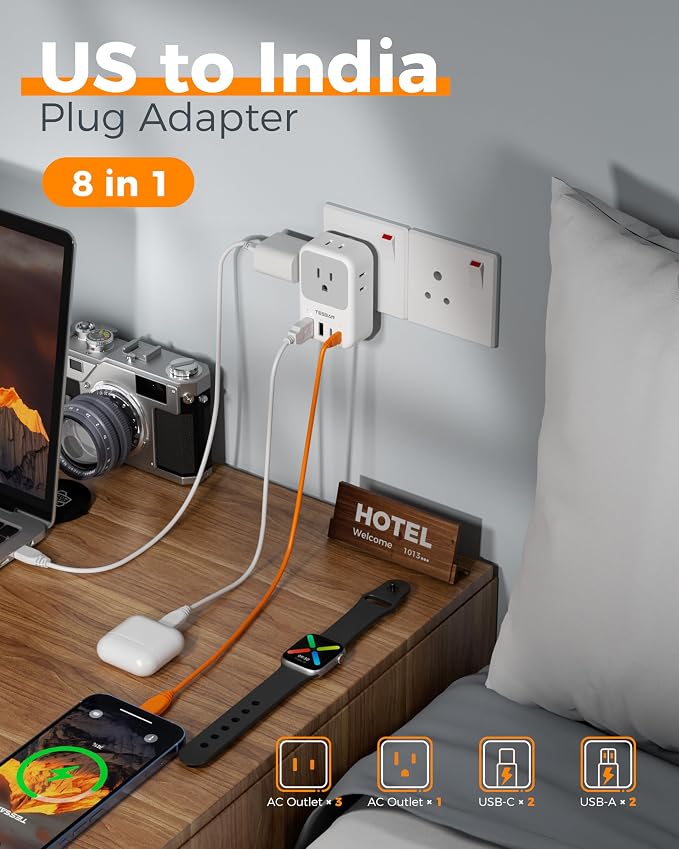 TESSAN US to India Plug Adapter 2 Pack, PD 20W Type D Travel Adapter with 4 AC Outlets 4 USB Ports (2 USB C), India Power Adaptor for USA to Bangladesh Nepal Maldives Pakistan Yemen