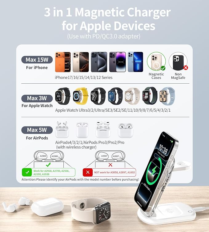 3 in 1 Magnetic Wireless Charging Station for Apple Devices, Fast Foldable Travel Mag-Safe Charger Stand with Night Light for iPhone 17 16 15 14 13 12 Series, Apple Watch/AirPods Pro-Gift for Lovers