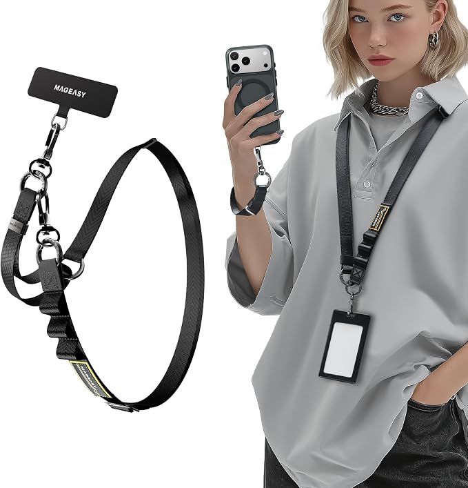 MAGEASY 2-in-1 Phone Lanyard Crossbody & Wrist Strap with Tether Tab & Belt Clip, Adjustable Phone Strap, Hands-Free Anti-Drop Travel Phone Leash for iPhone & Android (Black)