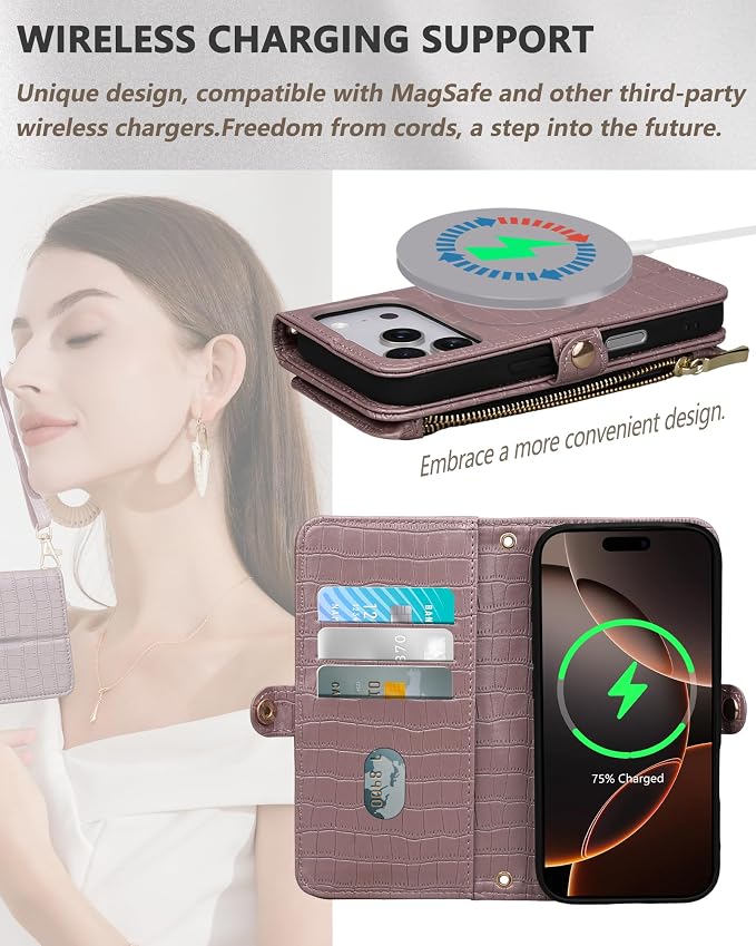Crossbody Wallet Case for iPhone 17 Pro with Mirror, Wrist Strap, Zipper Purse Magnetic Flip, RFID Blocking Card Holder, Wireless Charging, PU Leather Shockproof 6.3" Women (Rose Gold)