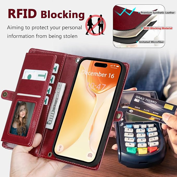 Wallet Case for iPhone 15 with Card Holder/Crossbody Wallet/Strap| RFID Blocking | Magnetic | Kickstand | Detachable | PU Leather Phone Case for iPhone 15,6.1 in,Wine Red