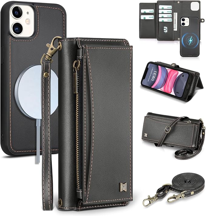 Wallet Case for iPhone 11 with Card Holder/Crossbody Wallet/Strap| RFID Blocking | Magnetic | Kickstand | Detachable | PU Leather Phone Case for iPhone 11,6.1 in,Black