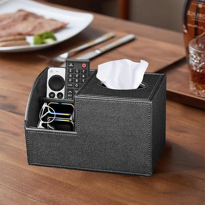 PU Leather Square Tissue Box Cover - Multi-Functional Tissue Box Holder, Tissue Box Cover with Storage,Tissue and Remote Control Holder, Cube Tissue Box Organizer Bedroom Nightstand End Table