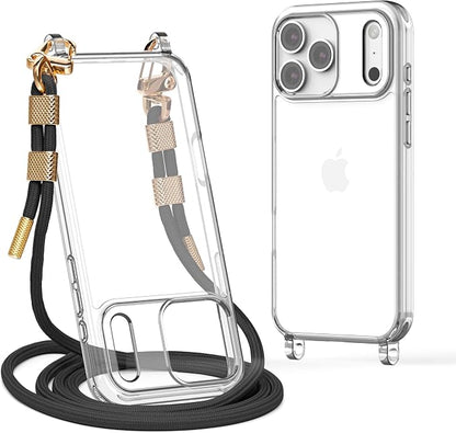 for iPhone 17 Pro Max Case with Strap, Clear Shockproof Crossbody Phone Cover w/Removable Anti-Theft Adjustable Lanyard for Women, Travel, Shopping, Hiking (6.9", Black)