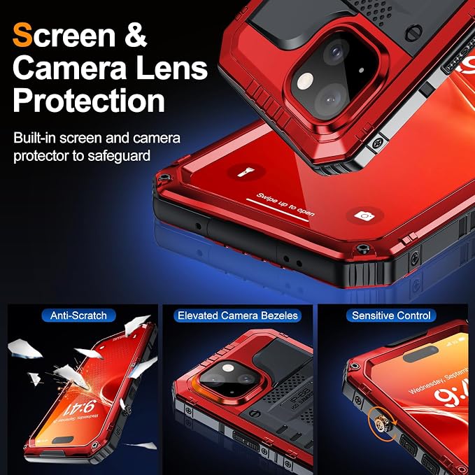 Mitywah Waterproof Case for iPhone 15, Heavy Duty Shockproof Case with Built-in Screen Protector, Full Body Underwater Protective Metal Case 6.1 inch, Red