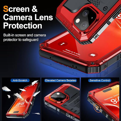 Mitywah Waterproof Case for iPhone 15, Heavy Duty Shockproof Case with Built-in Screen Protector, Full Body Underwater Protective Metal Case 6.1 inch, Red