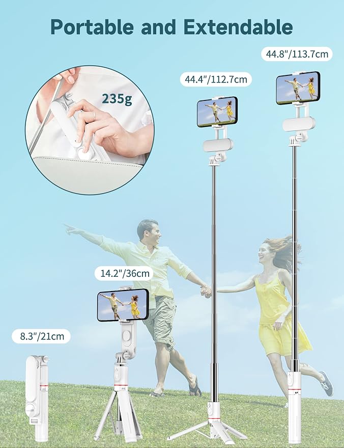 Stable Selfie Stick Tripod with Fill Light, 44 Inch Extendable Selfie Stick with Wireless Remote and Tripod Stand 360 Rotation for iPhone 15/14/13/12/11 Pro/XS Max/XR/X, Samsung and Smartphone (White)