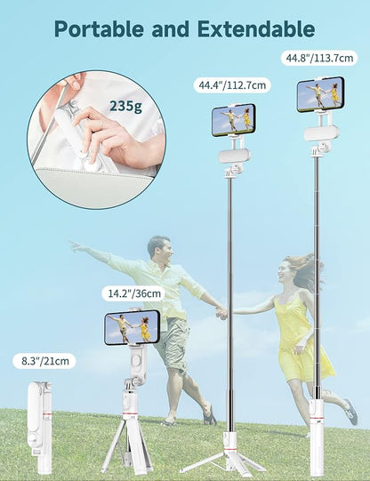 Stable Selfie Stick Tripod with Fill Light, 44 Inch Extendable Selfie Stick with Wireless Remote and Tripod Stand 360 Rotation for iPhone 15/14/13/12/11 Pro/XS Max/XR/X, Samsung and Smartphone (White)