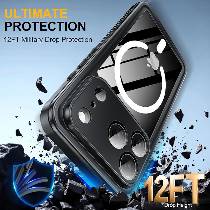 ANTSHARE for iPhone 17 Pro Case, Compatible with Magsafe, IP68 Waterproof Case, [Built-in Screen Protector] - 12 FT Military Dropproof - Full Body Heavy Duty Rugged Phone Cover - Black/Clear