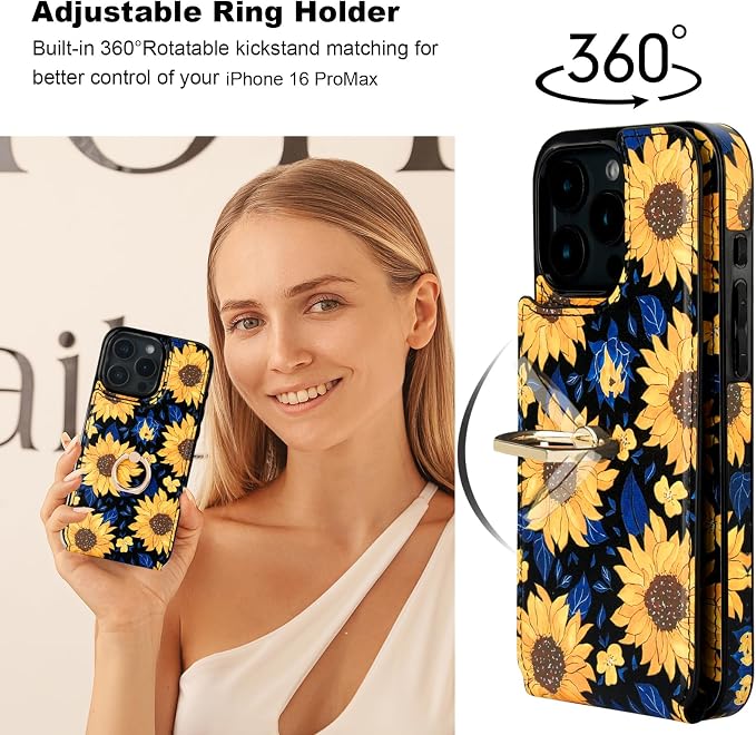 HAOPINSH for iPhone 16 Pro Max Wallet Case with Card Holder, 360°Rotation Ring Kickstand, Blooming Sunflowers Pattern, RFID Blocking Leather for Girls Women, Protective Cover 6.9"