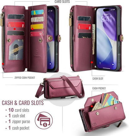 Strapurs Wallet Case Compatible with iPhone 17 Pro Max 6.9" RFID Blocking 10-Card Holder Soft PU Leather Magnetic Snap Shoulder Strap Zipper Pocket Phone Case Fit for iPhone 17 Pro Max - Wine Red
