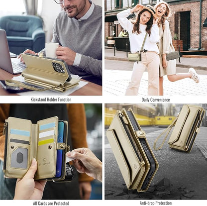 Strapurs Wallet Case Compatible with iPhone 16 Pro 6.3" RFID Blocking 10-Card Holder Soft PU Leather Magnetic Snap Shoulder Strap Zipper Pocket Phone Case Fit for iPhone 16 Pro for Women - Gold
