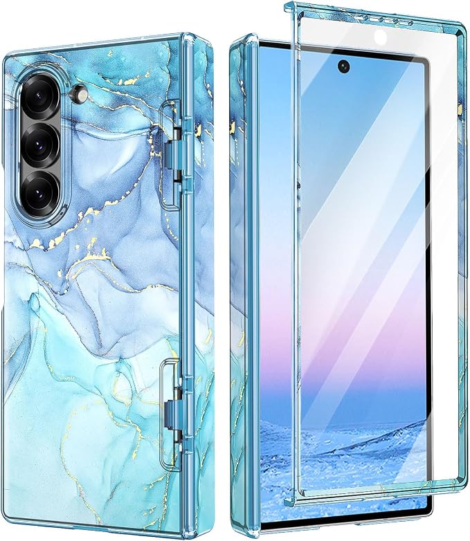 Btscase for Samsung Galaxy Z Fold 6 Case,Built in Front Screen Protector,Gold Glitter Marble Pattern Hard PC Slim Shockproof Full Body Drop Protective Case for Galaxy Z Fold 6 5G, Blue Cyan