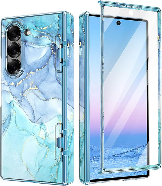 Btscase for Samsung Galaxy Z Fold 6 Case,Built in Front Screen Protector,Gold Glitter Marble Pattern Hard PC Slim Shockproof Full Body Drop Protective Case for Galaxy Z Fold 6 5G, Blue Cyan