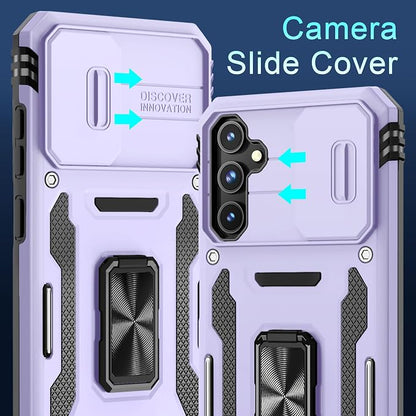 DEERLAMN Case for Samsung Galaxy S23 FE 6.4-Inch with Slide Camera Cover+Screen Protector(1 Pack),Rotated Ring Kickstand Military Grade Shockproof Protective Cover-Light Purple