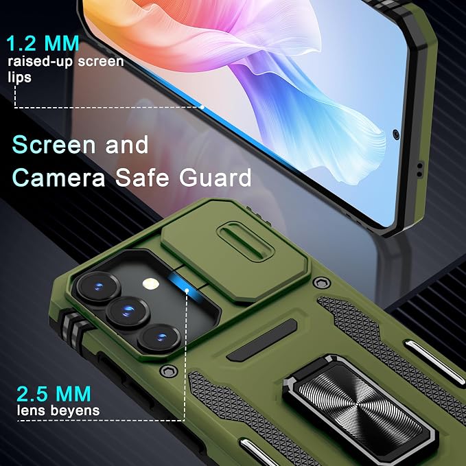 DEERLAMN Case for Samsung Galaxy S24 FE 6.7-Inch with Slide Camera Cover+Screen Protector(1 Pack), Rotated Ring Kickstand Military Grade Shockproof Protective Cover-Olive Green
