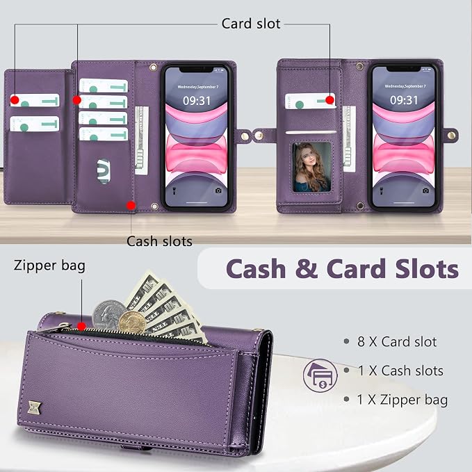 Wallet Case for iPhone 11 with Card Holder/Crossbody Wallet/Strap| RFID Blocking | Magnetic | Kickstand | Detachable | PU Leather Phone Case for iPhone 11,6.1 in,Purple